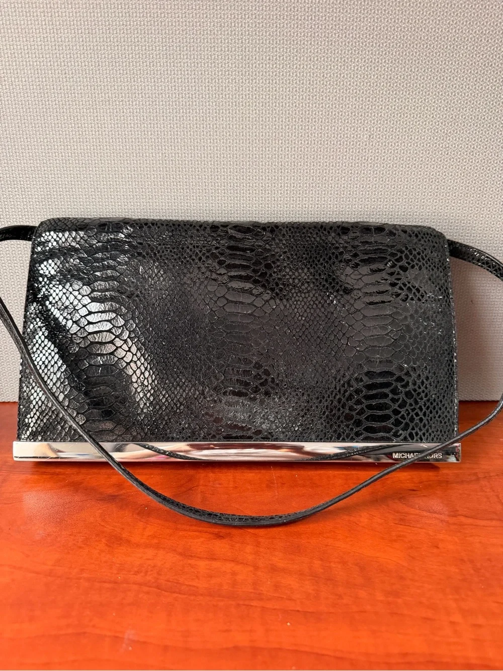 Michael Kors Black Embossed Snakeskin Clutch with Metallic Trim